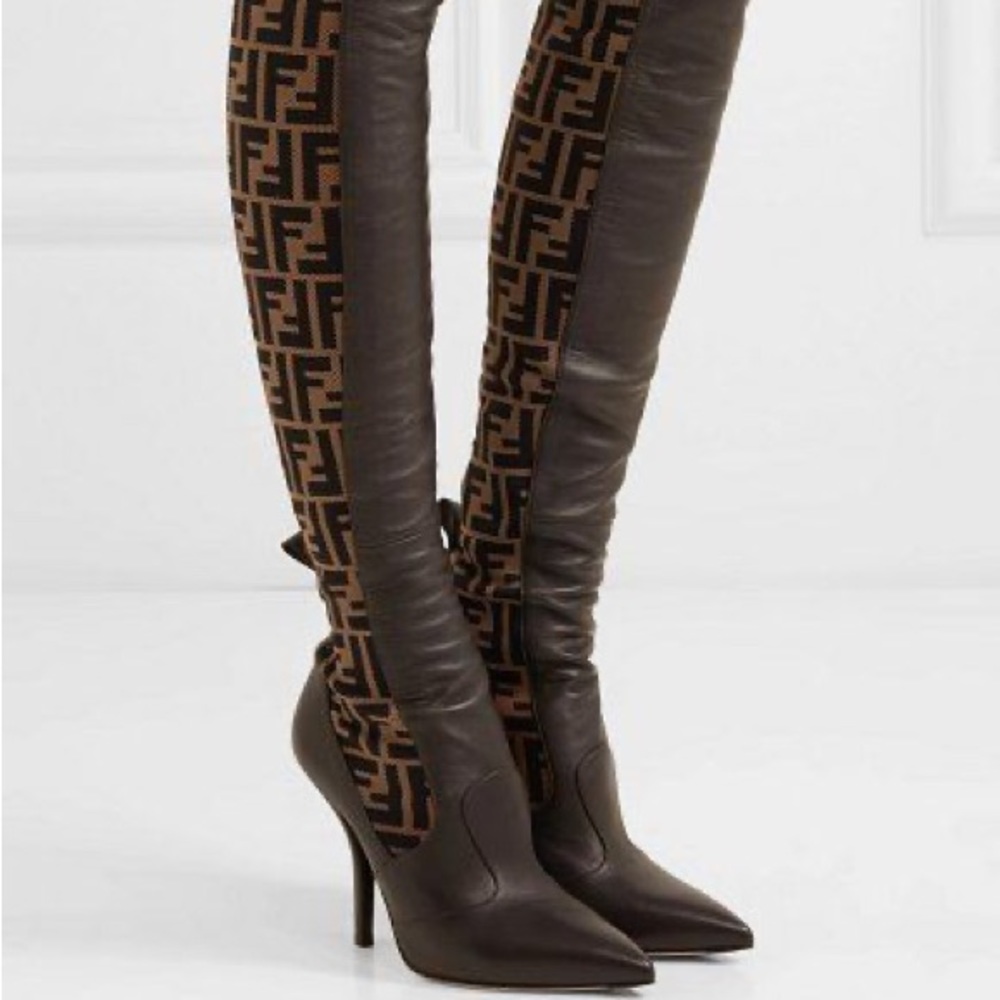 FENDI
Rockoko Over-The-Knee Knit Leather Sock Boots